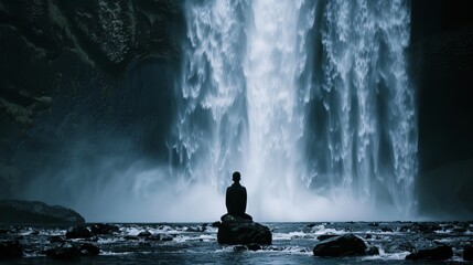 Profound Impact: Monumental Silhouette Against Cascading Waterfall
