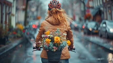 Naklejka premium Rainy Day Bicycle Ride: Woman with a Colorful Bouquet on City Street