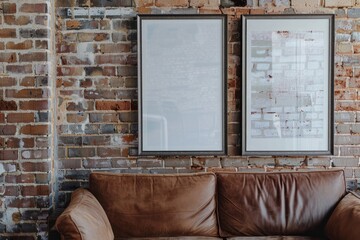 A brown leather couch positioned in front of a textured brick wall