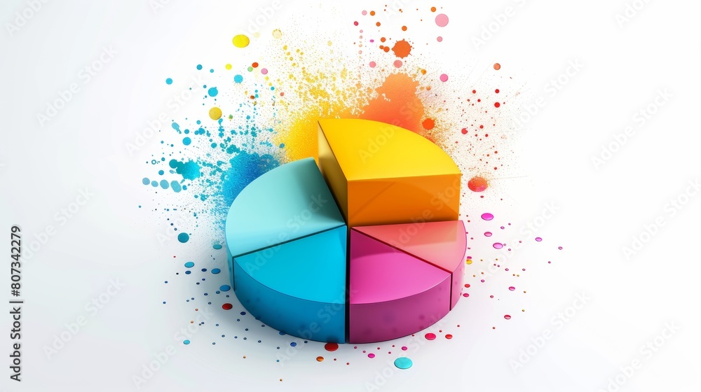 Poster dynamic 3d pie chart with colorful splashes on a white background, illustrating percentages