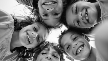 black and white portrait of a group of children smiling