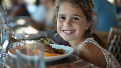 a small girl smiling during dinner time