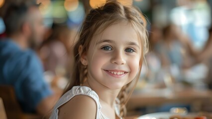 Closeup portrait of a happy child girl smiling while sitting at the table