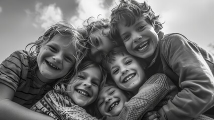 Black and white portrait of children friends laughing and hugging happily