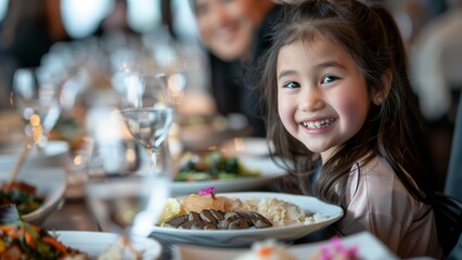 Asian girl sitting at a table smiling with a plate with food in front of her