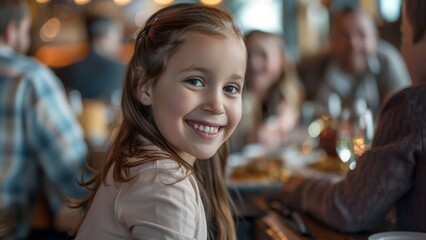 Portrait of a European child smiling happily while dining with her family
