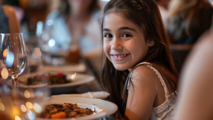 a girl smiling at the camera with a plate of food in front of her