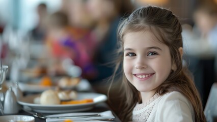 Portrait of a small girl at a restaurant sitting happily at the table