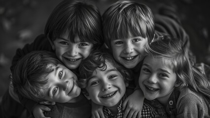 A black and white portrait of a group of happy children hugging