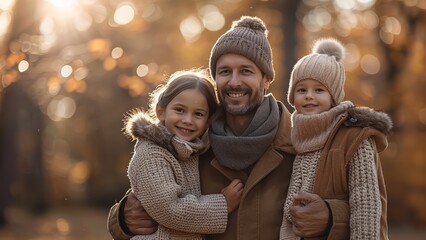 Autumn portrait of a happy dad with his two daughters looking happily at a camera