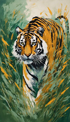 AI generated illustration of an enigmatic tiger prowls through a vibrant jungle