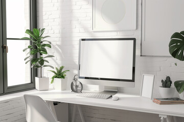 White Desk With Computer and Potted Plant