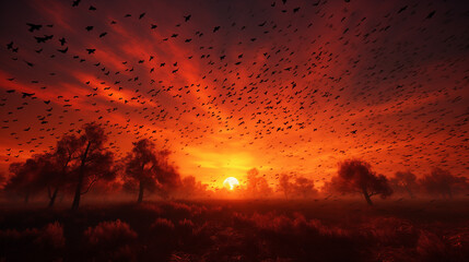 birds flying in sunset 