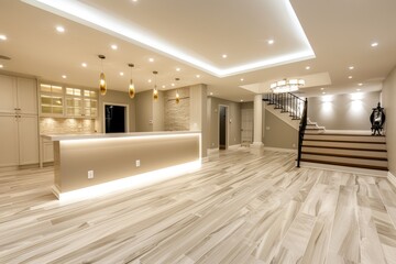 A modern basement renovation featuring a spacious room with a staircase and a white counter