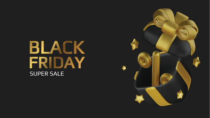 Black Friday super sale. Promo background with realistic 3d cartoon style elements, black gift, percent symbols, stars, percent symbols. Promotion banner, web poster. vector illustration