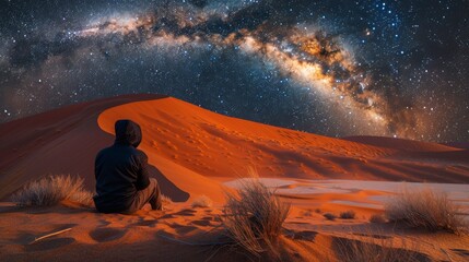 Man Sitting on Sand Dune Under Star-Filled Night Sky