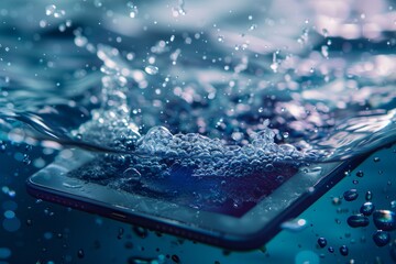 A cell phone floating effortlessly on top of water, surrounded by small bubbles