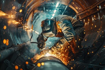 A welder in full protective gear is welding a large steel pipe inside a factory