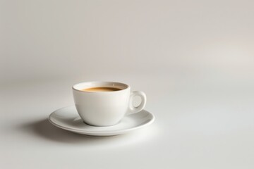 A white porcelain espresso cup rests on a small saucer against a plain white background