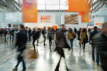 A medium photo of individuals walking briskly through a spacious trade fair hall, their motion captured in a blur