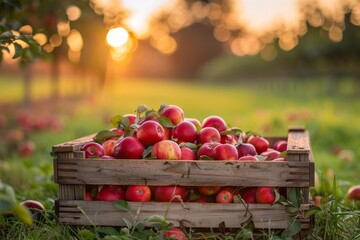 A wooden crate overflowing with freshly harvested red apples, set on a grassy field