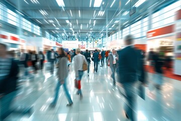 A medium photo of individuals walking briskly through a spacious trade fair hall, their motion captured in a blur