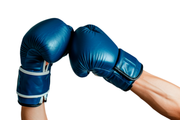 A hand in a boxing gloves isolated on a white or transparent background. The hand of an athlete in a blue boxing gloves, close-up. Graphic design element on the theme of sports.