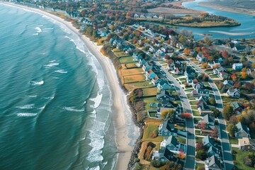 A wide-angle view of a coastal neighborhood with houses along a winding coastline - Powered by Adobe