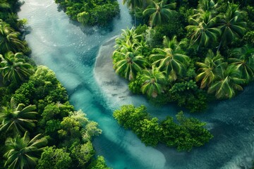A river flows through a dense green forest teeming with trees and vegetation