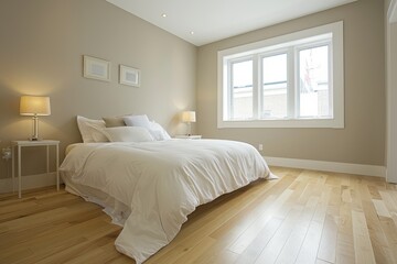 A wide-angle view of a bedroom featuring a large bed with crisp white linens on a wooden floor