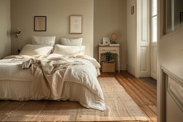 A bedroom featuring a bed with white linens and a rug on the floor in a neutral color palette