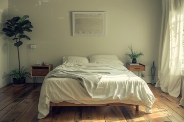 A wide-angle view of a bedroom with a bed featuring white linens, placed next to a window with natural light streaming in