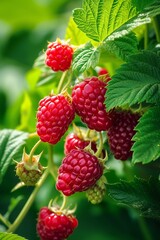 Raspberries Growing on a Bush With Green Leaves