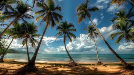 Obraz premium An idyllic image capturing the serene beauty of coconut trees swaying gently in the tropical breeze, against a backdrop of clear blue skies and shimmering turquoise waters