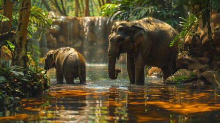 Fototapeta premium Mother Elephant and Baby Walking Through Water