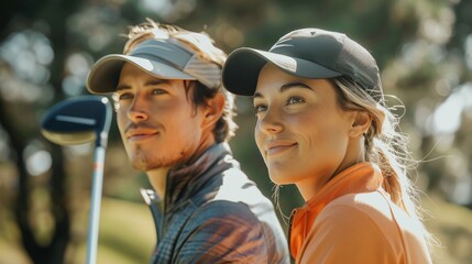 A man and a woman are standing next to each other, both wearing hats