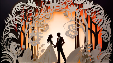 A couple is standing in a forest, holding hands