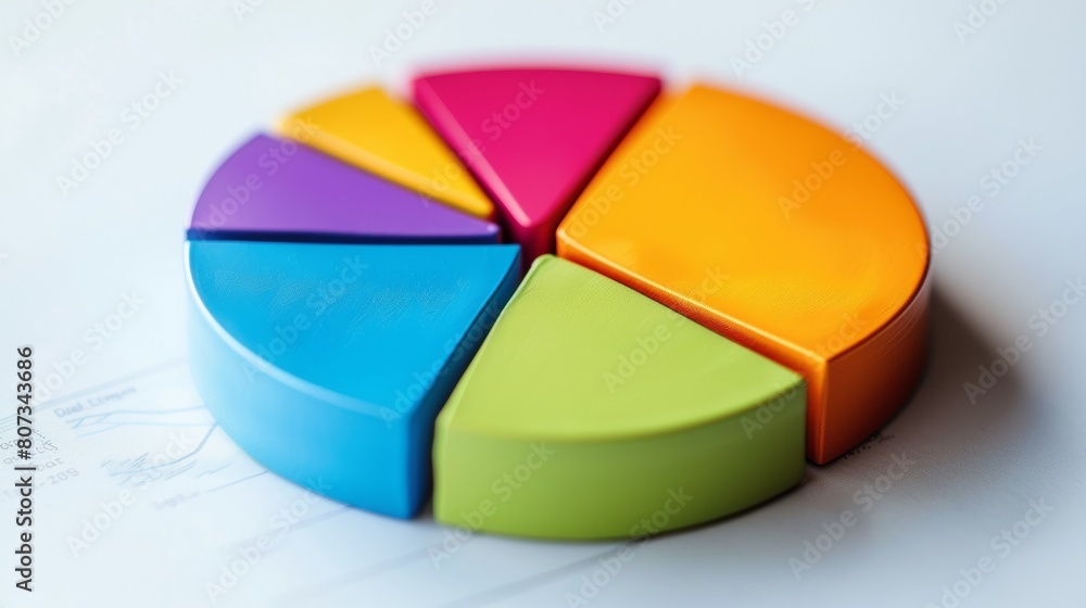 Poster bright 3d pie chart on top of a blurred financial report, symbolizing data analysis