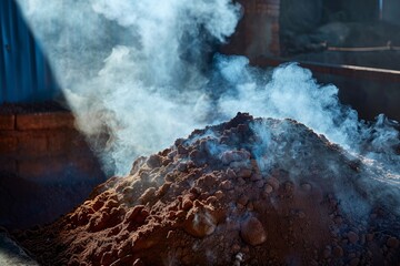 A pile of coal resting atop a mound of dirt, blending earthy tones in a commercial photography setting