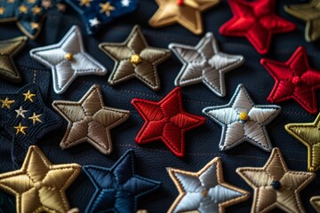 Top-down view of multiple star-embroidered badges arranged in a grid pattern on a flat surface