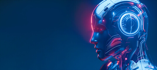 A futuristic digital artwork featuring an AI humanoid robot with glowing circuitry and holographic elements, symbolizing the intersection of artificial intelligence and technology, Copy text space