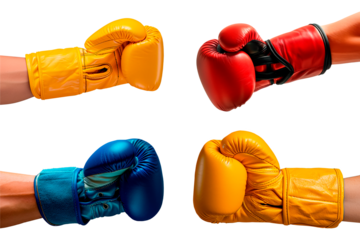 A set of hands in a boxing gloves isolated on a white or transparent background. The hands of an athletes in a yellow, red and blue boxing glove. Graphic design element on the theme of sports.