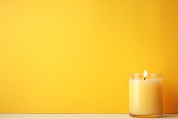 Yellow background with white thin wax candle with a small lit flame for funeral grief death dead sad emotion with copy space texture for display products - obrazy, fototapety, plakaty