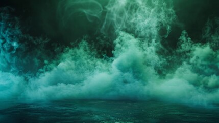 Ground green and blue fog background, 3d rendering. Smoke cloud scene neon light. Spooky dark magic haze. Panoramic view of the abstract fog.