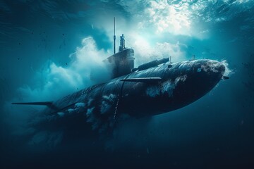 Submarine Floating in the Ocean Surrounded by Waves