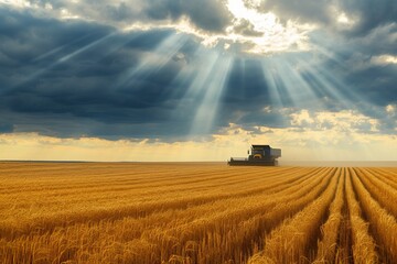 Naklejka premium Large Truck Driving Through Wheat Field Under Cloudy Sky