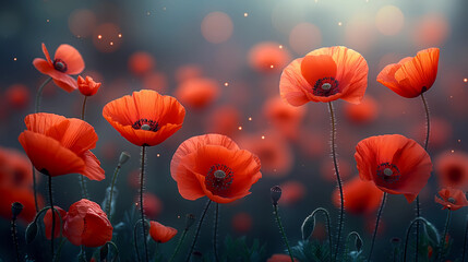 A field of red poppies with a blue sky in the background