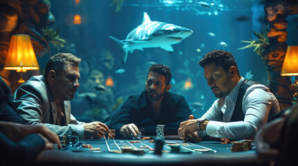 Poker players playing in a casino, sitting at a poker table, in the background there is a large shark tank. Generative AI.