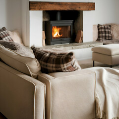 Beige sofa with plaid and fur cushion against of fireplace. interior design of modern living room. 