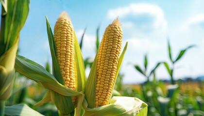 Two ears of corn on the cob, still attached to the green husks, standing upright in a cornfield. The sky is blue with white clouds in the background.